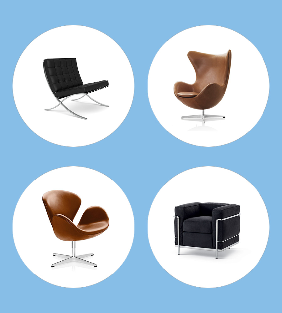 Four circles with different style chairs.
