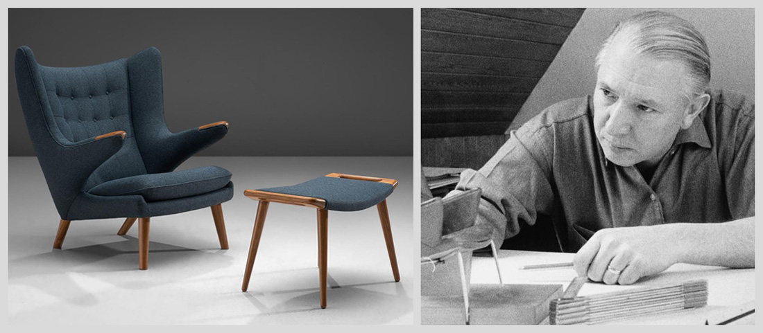 Blue-gray nylon and wood chair with outstretched armrests.