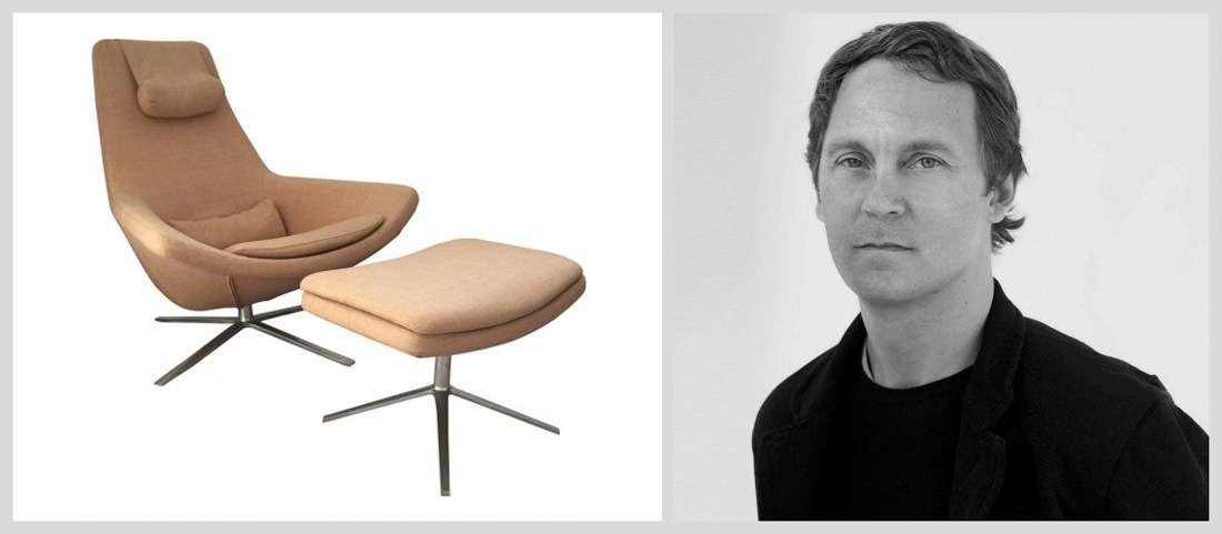 Light brown leather chair with rounded seat and matching footrest.