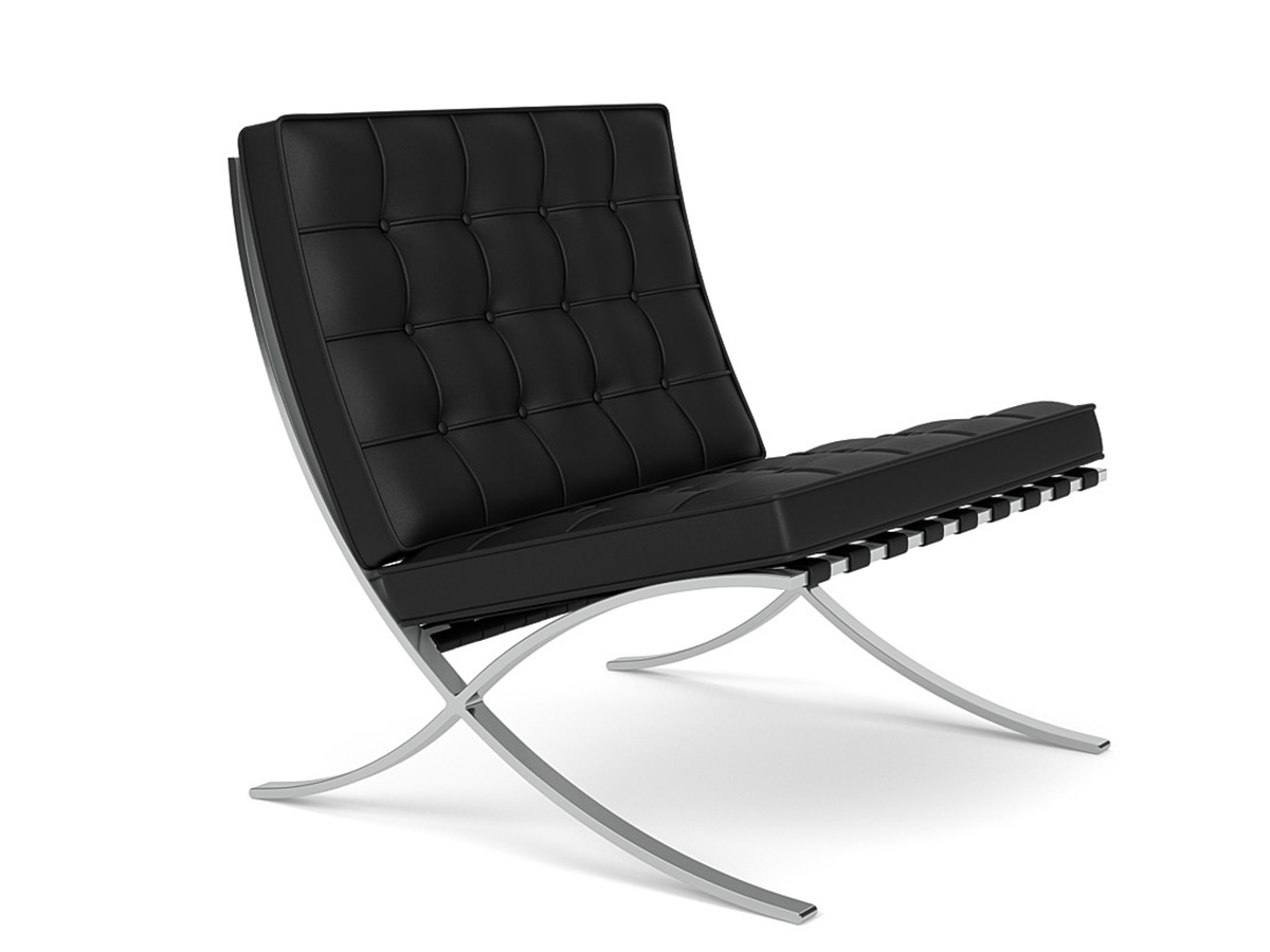 Black leather rectangular chairs with silver legs and armrests.