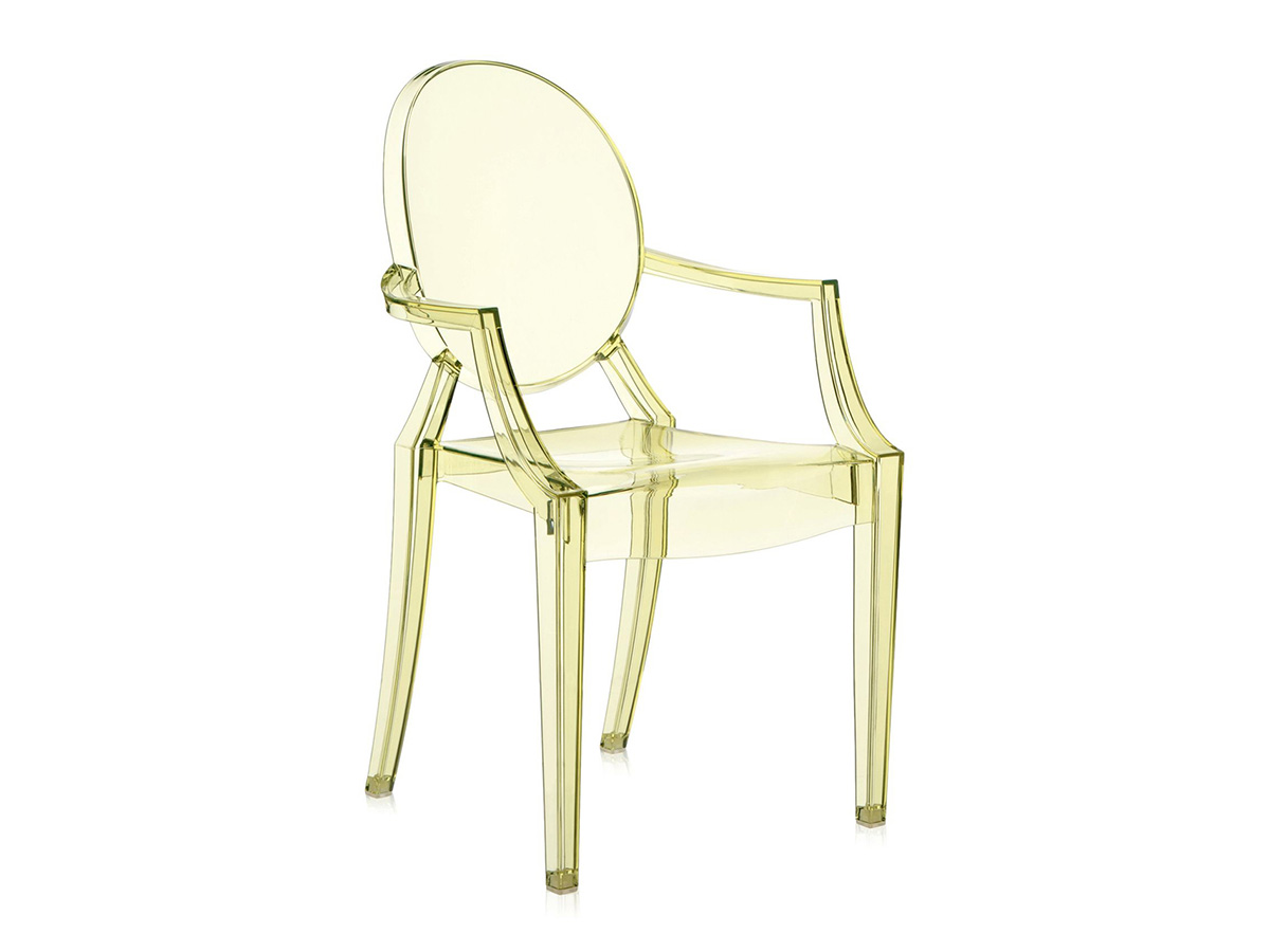 Plastic, clear chair with oval backrest.