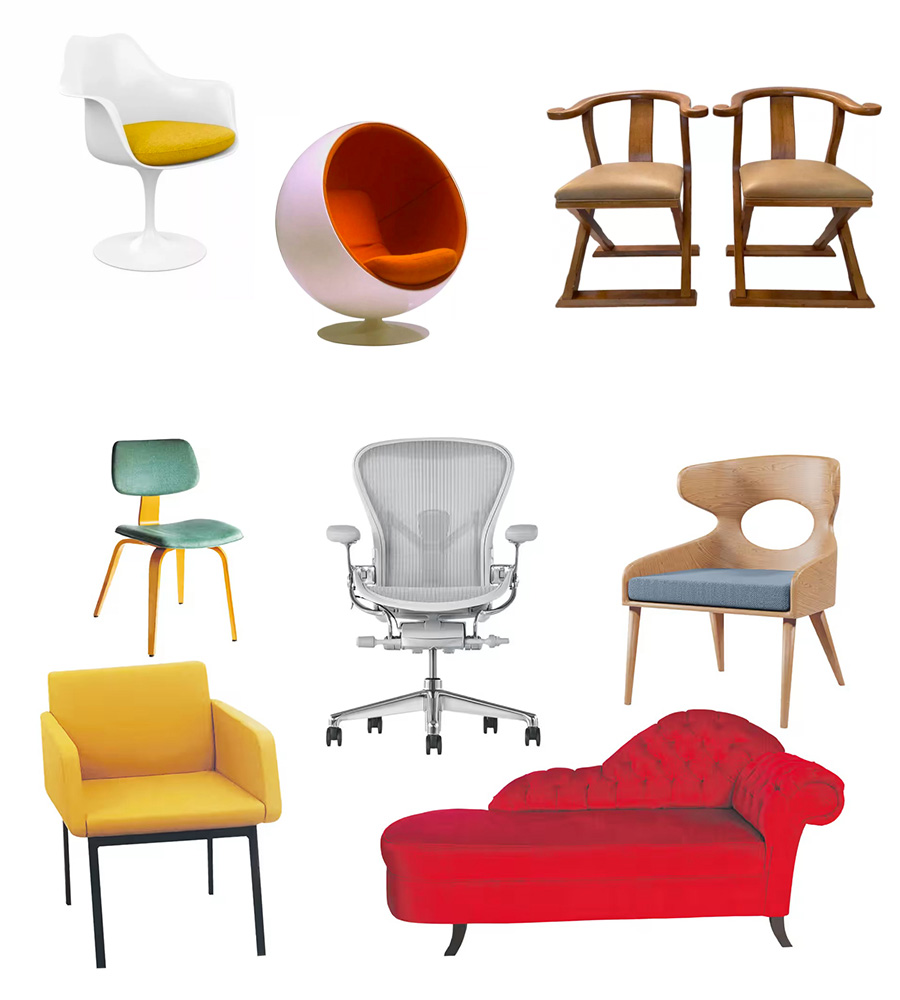 colorful collection of chairs in different shades and styles.